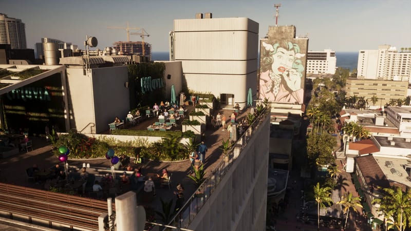 Diners sit at tables on a leafy rooftop terrace marked Effluvia, beside a tall mural of a woman, with palm-lined streets and the sea beyond.