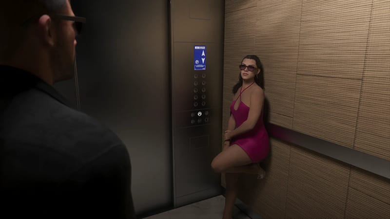 A woman in a pink dress and sunglasses leans against the wall of a lift while a man in dark glasses watches from the foreground.