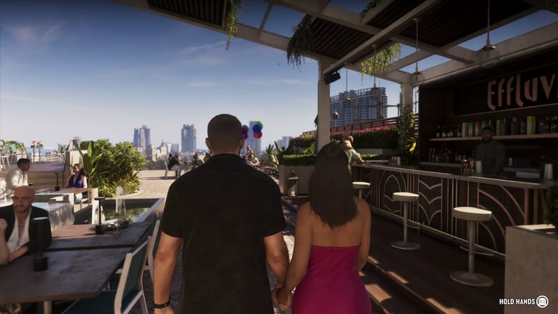A man in a black shirt and a woman in a pink dress hold hands on a sunny rooftop bar, walking past Effluvia towards a distant city skyline.