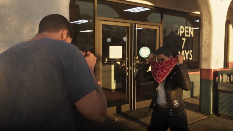 A woman in a brown leather jacket pulls a red bandana over her face outside a diner as a man in a blue T-shirt faces her, holding a small object.