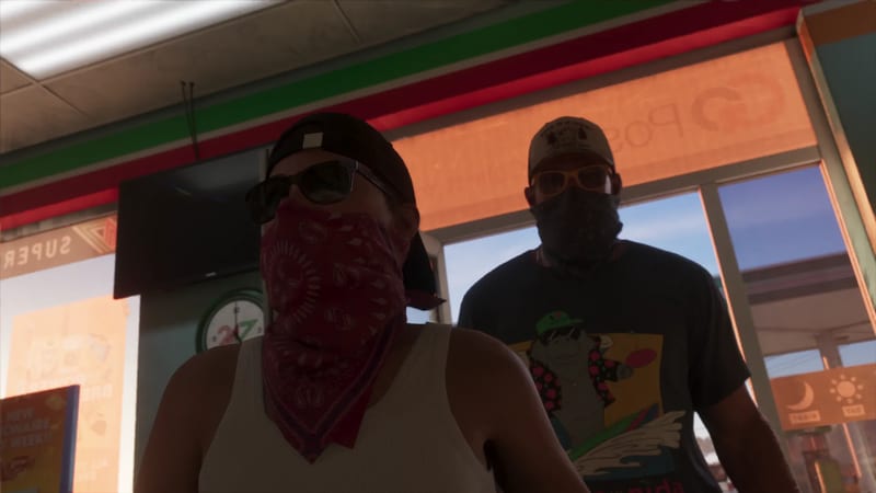 Two masked people in caps and sunglasses stand inside a convenience store, lit by orange sunlight through the windows.