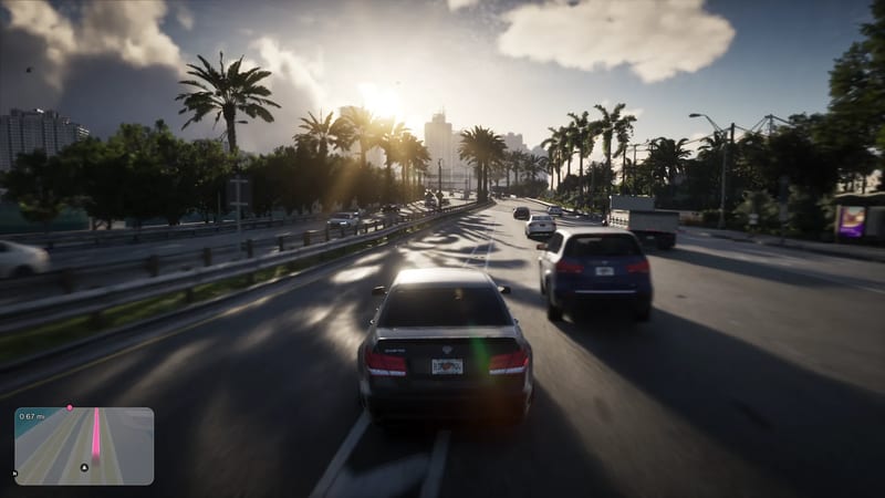 A dark saloon car is driven along a busy palm-lined road in Vice City, with the low sun glowing between tall buildings ahead.