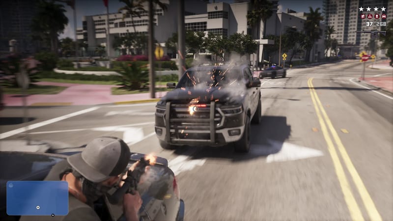 A man in a grey cap fires a rifle from behind a car at a dark pickup truck with a bull bar, sparks flying, on a sunny Vice City street.