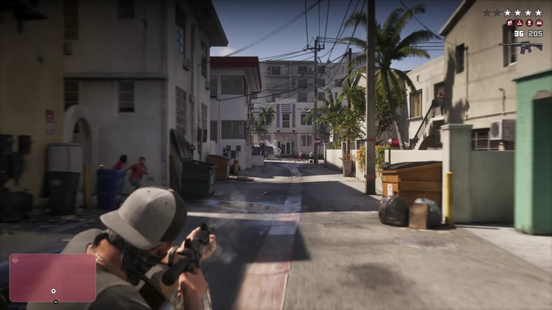 A masked man in a grey cap aims a rifle down a sunlit Vice City back alley as two people in red run past bins on the left.