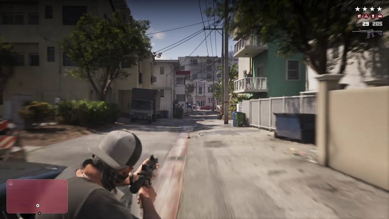 A masked man in a grey cap fires a rifle down a narrow Vice City side street lined with apartment blocks, with a four-star wanted level shown.