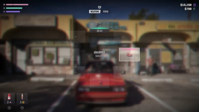 A weapon wheel menu over a blurred red convertible parked outside a low yellow shopfront, with Unarmed selected and cash of $15,150 shown.