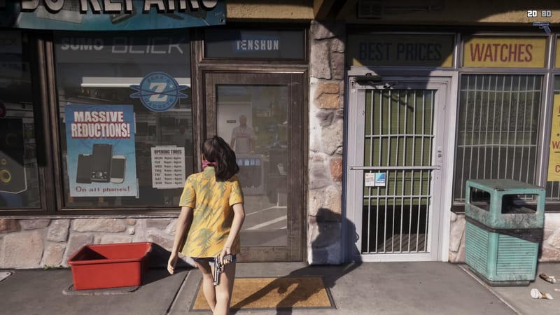Lucia Caminos stands outside a shop door holding a pistol, with a shop assistant visible inside and a poster reading Massive Reductions in the window.