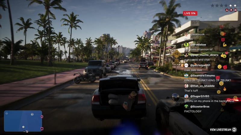 A man lies in the open boot of a dark saloon car driving down a palm-lined street, with a police car close behind and a live chat on screen.