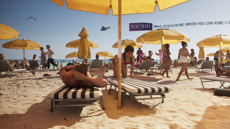 A woman on all fours on a striped sunbed beside a sunbathing man on a crowded sunny beach with yellow parasols, at Ocean Beach.