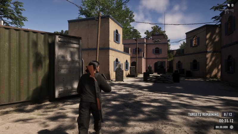 A woman with a shotgun slung on her back walks through a sunlit training yard of pink and tan buildings, with a target counter on screen.