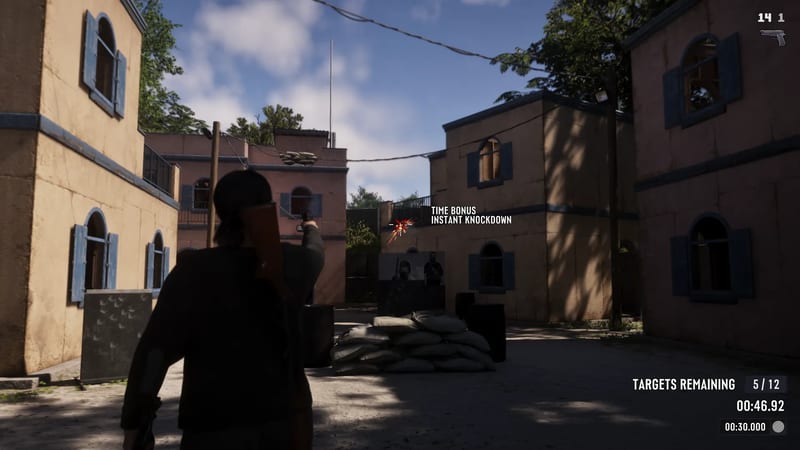 A person with dark hair, seen from behind, aims a pistol at paper targets in a sunlit courtyard of pink and tan buildings with blue shutters.