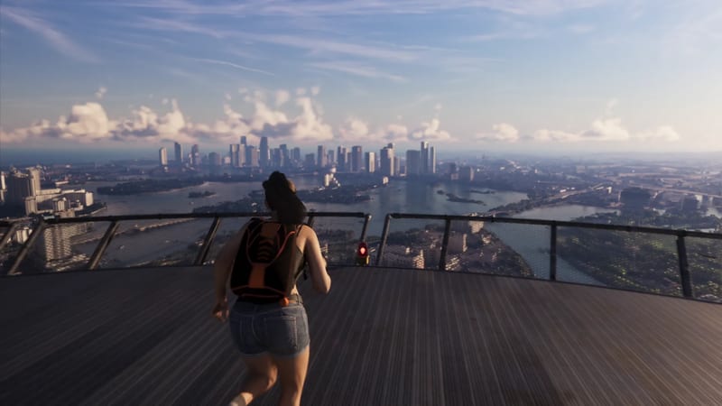 A woman with a black and orange backpack runs across a wooden rooftop platform towards a railing, overlooking the Vice City skyline and waterways.