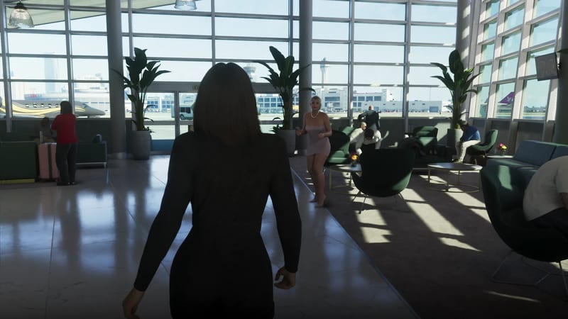 A dark-haired woman in a black dress walks through a bright airport lounge towards a woman in a pale dress, with a bus and jet beyond the windows.