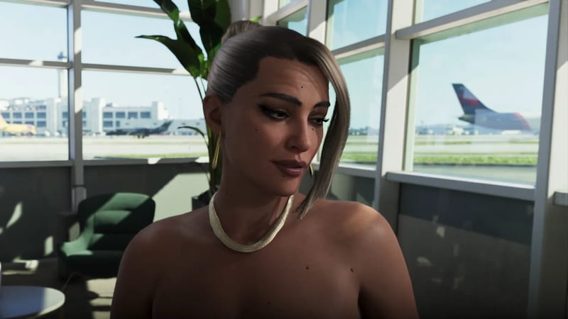 A woman with a sleek side-swept ponytail and gold necklace looks aside in a bright airport lounge, with planes on the runway beyond the windows.