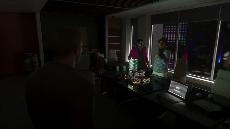 Four men in a dark office meet around a table holding a lit model of a tower block, with a city skyline glowing at night through the windows behind them.