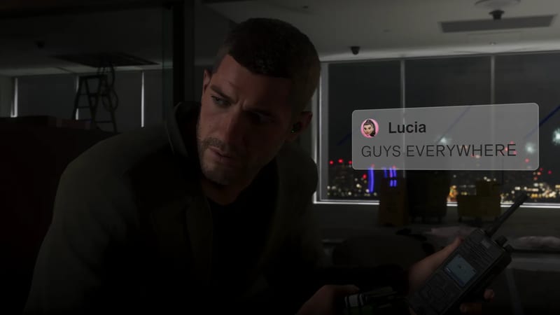 Jason Duval crouches in a dark office at night, holding a handheld radio, with a message from Lucia reading "GUYS EVERYWHERE" beside him.