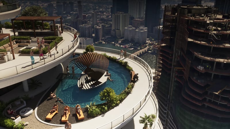 Guests relax around a curved rooftop pool with a shell-shaped sculpture on a high terrace, with a tower under construction beside it and Vice City below.