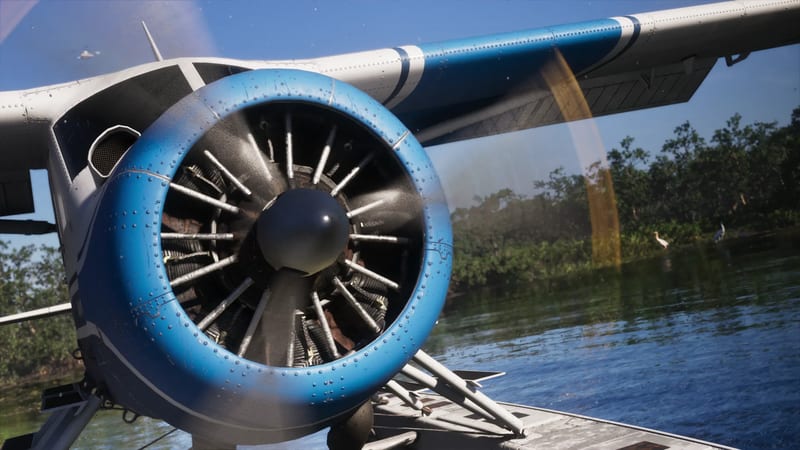 Close-up of the blue and white propeller engine of a Mammoth Dodo seaplane floating on calm water beside a green, tree-lined shore.