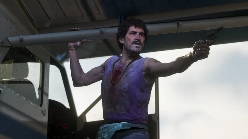 A man in a bloodstained purple vest aims a revolver while gripping the wing of a Mammoth Dodo seaplane under a grey sky.