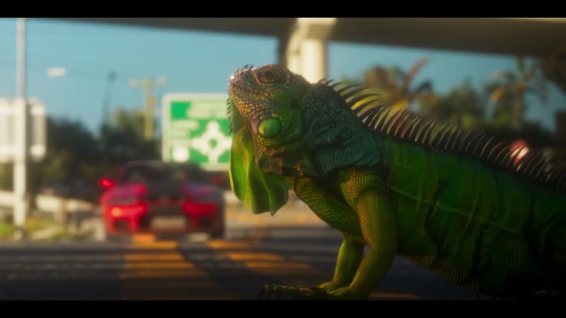 A green Iguana in close-up on a road in warm sunlight, with a blurred red car and a green road sign behind it under a flyover.