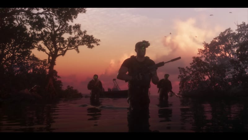 Three armed men in tactical gear wade through shallow water among mangroves at sunset, with a boat behind them.
