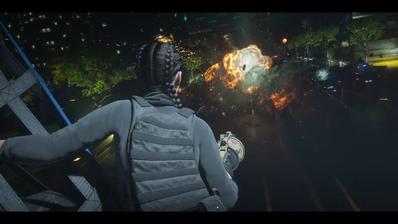 A woman with long braids and a grey tactical vest holds a heavy weapon on a bridge at night, firing at an explosion on the road below.