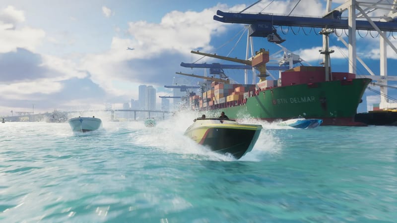 A yellow and black speedboat races across turquoise water past the green cargo ship BTN Delmar at VC Port, with other boats behind it.