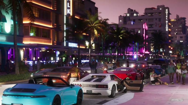 A white '95 Grotti Cheetah with its door open sits among parked cars on a neon-lit street of palm trees and hotels at dusk, with crowds nearby.