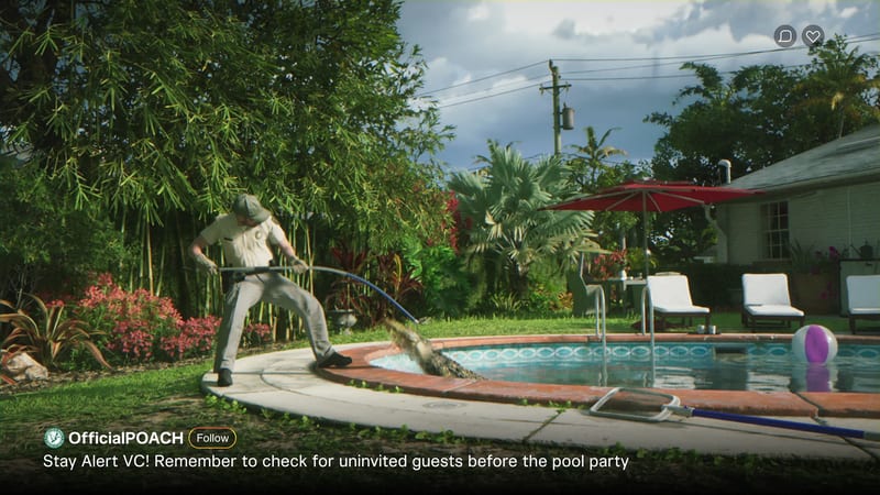 A uniformed wildlife officer uses a long pole with a blue noose to pull an alligator out of a backyard swimming pool on a cloudy day.