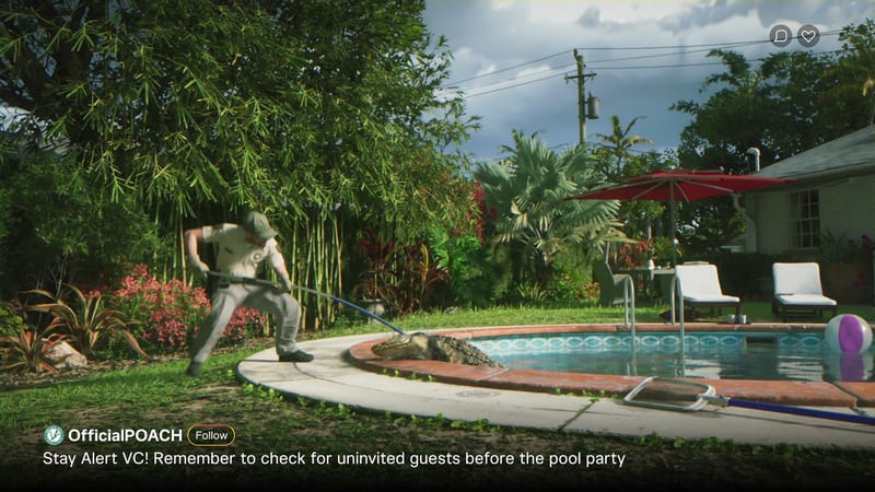 A man in a khaki uniform uses a long pole to push an alligator that is climbing out of a backyard swimming pool on a sunny, cloudy day.