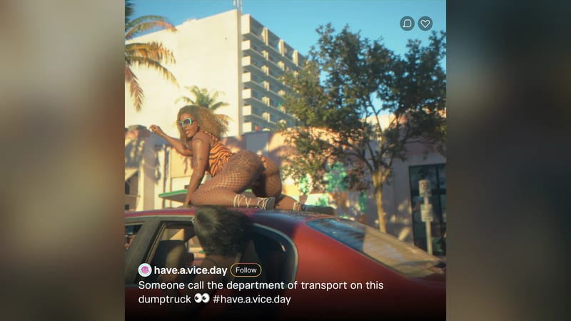 A woman in a tiger-print outfit and fishnets poses on the roof of a red car on a sunny street with palm trees and a tall pale building behind.
