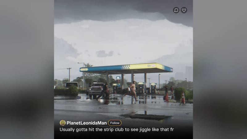 A naked man runs across a wet forecourt at an Arrow petrol station as a police officer chases him under a stormy sky.