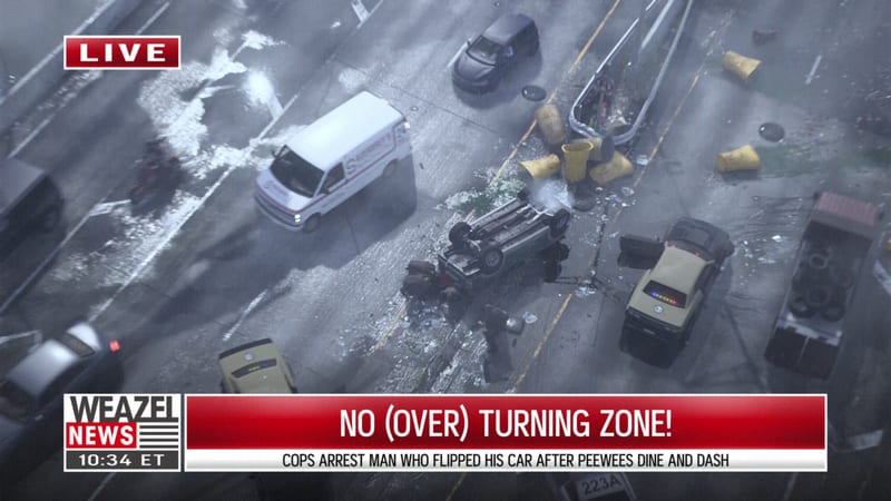 Aerial news view of a overturned car on a wet road, with police cars, a white van and scattered yellow barrels, under a Weazel News "LIVE" banner.