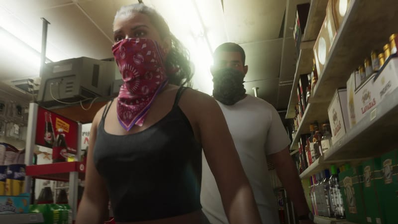 Lucia Caminos, in a red bandana mask and black vest top, walks down a shop aisle with Jason Duval, masked in dark, behind her.