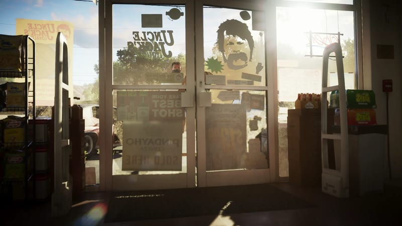 A masked man stands outside the glass doors of Uncle Jack's Liquor, seen from inside the shop, with bright sun streaming in.