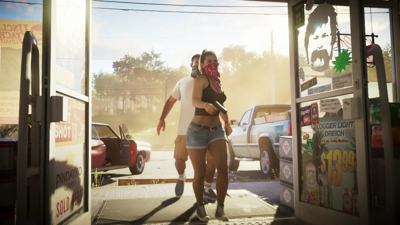 Lucia Caminos, masked with a red bandana, walks out of a shop pointing a handgun, with a masked man behind her and two parked vehicles outside.