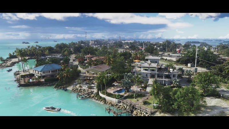 Waterfront homes with palm trees and a pool beside turquoise water in Key Lento, Leonida Keys, with a speedboat in the foreground.