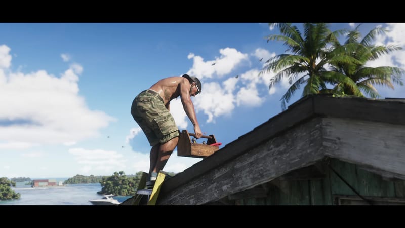 Jason Duval, shirtless in camouflage shorts and a cap, bends over a wooden toolbox on a shabby roof by a ladder, with palm trees and water behind.