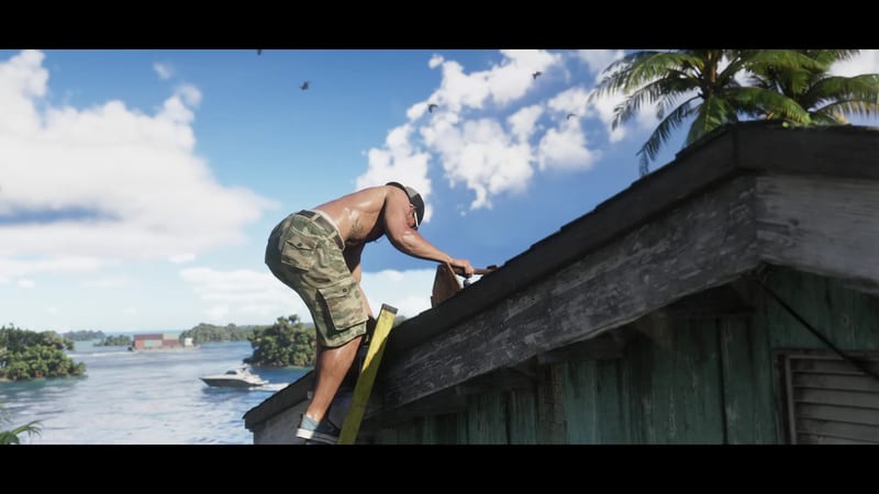 Jason Duval, shirtless in camouflage shorts and a cap, climbs a ladder onto a shed roof above a sunny bay with a motor boat.