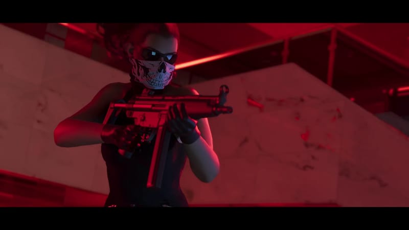A woman in sunglasses and a skull-print face covering aims a submachine gun inside a building lit by red light, with marble-effect walls behind her.