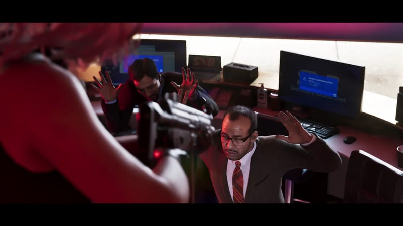 A red-haired woman, seen from behind, aims a submachine gun at two frightened men in suits with raised hands at a bank counter.