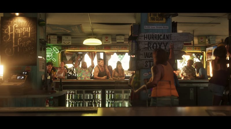 Customers cheer at the counter of a busy, warmly lit beach bar while a woman in an orange top raises an arm in the foreground.
