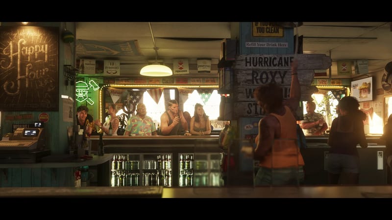 Customers crowd a warm, wood-panelled bar at golden hour, with a chalkboard Happy Hour sign on the left and a woman in orange reaching up in the foreground.