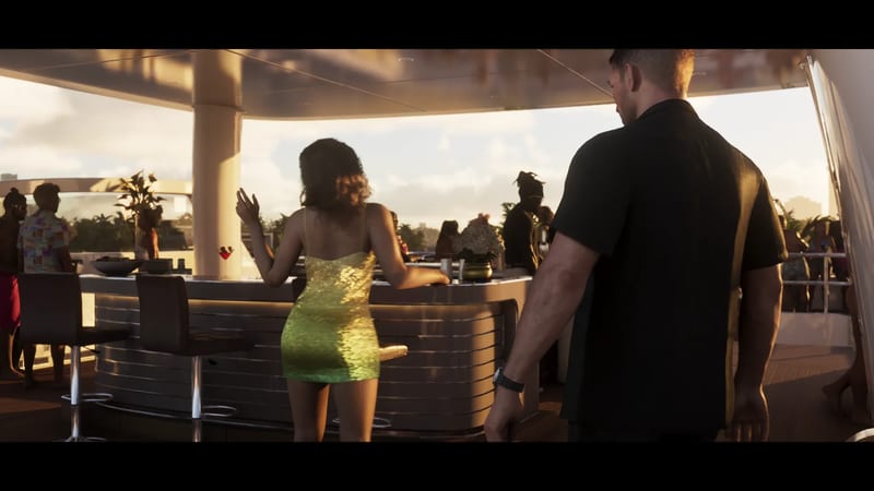 A woman in a short sequinned green dress stands at a curved bar on a yacht deck as a man in a black shirt watches, in warm evening light.
