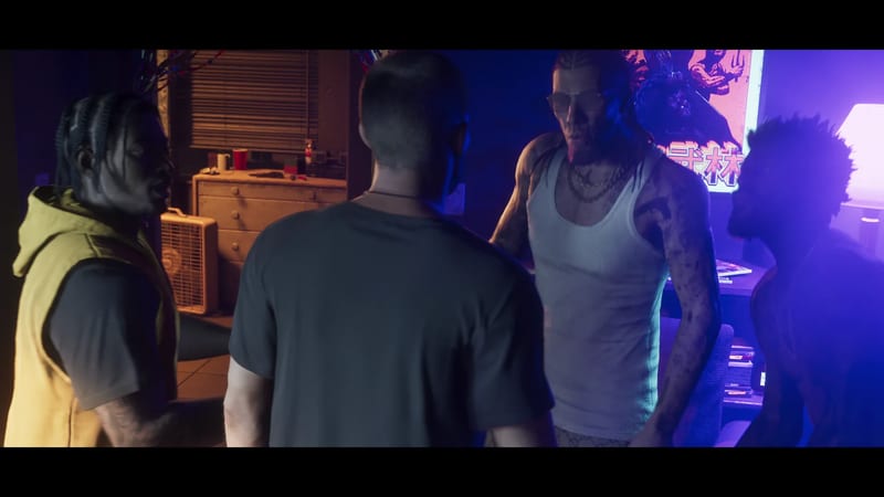 Four men stand talking in a dim bedroom lit by purple light, one in a white vest with tattoos and sunglasses, beside a dresser and a neon poster.