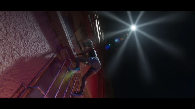 A woman in a vest and shorts climbs a metal ladder up a pink textured wall at night, with a bright starburst light in the dark sky.