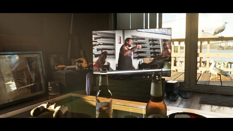A television in a sunlit waterside room shows a bearded man in a gun shop, with two beer bottles and a games controller on a glass table in front.