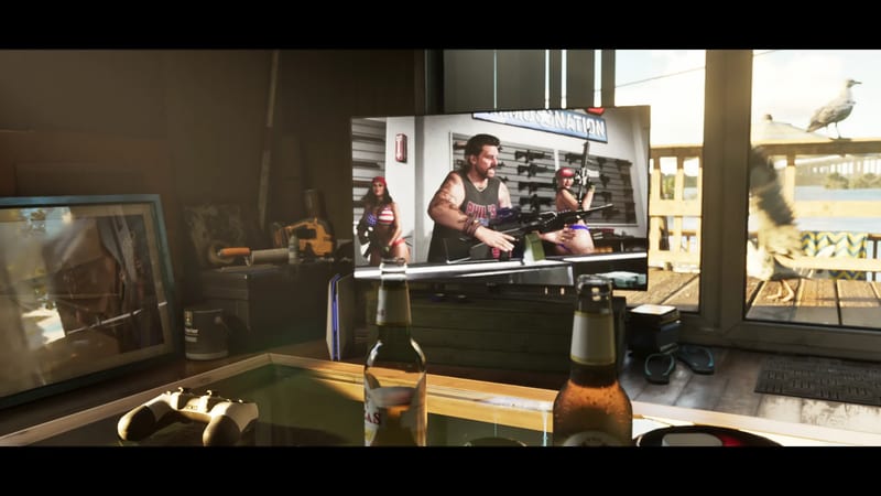 A television in a cluttered room shows a bearded man with a machine gun in a gun shop, with two women in bikinis behind him and a seagull outside.