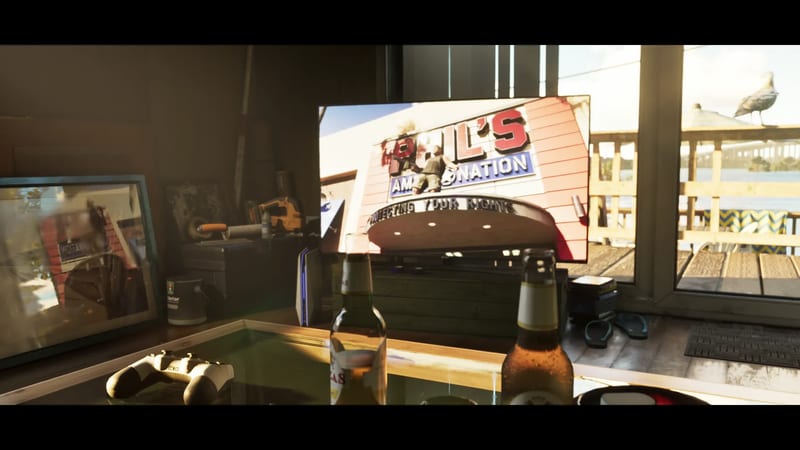 A television in a sunlit waterside room shows a Phil's Ammo Nation sign, with two beer bottles and a games controller on a table in front.