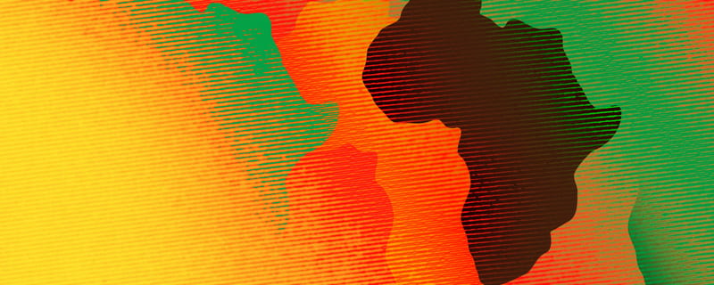 Abstract artwork of a dark brown map silhouette of Africa over a yellow, orange, red and green background with fine horizontal lines.